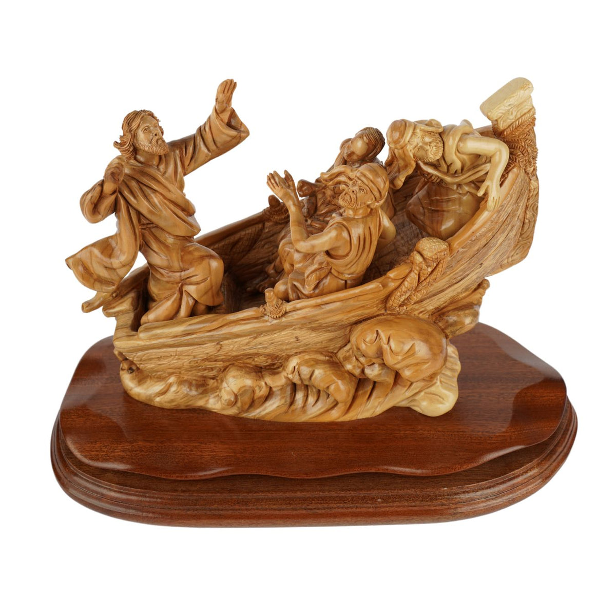 Hand-carved boat scene "Jesus calms the storm" – Exclusive olive wood sculpture from Bethlehem (36 cm)