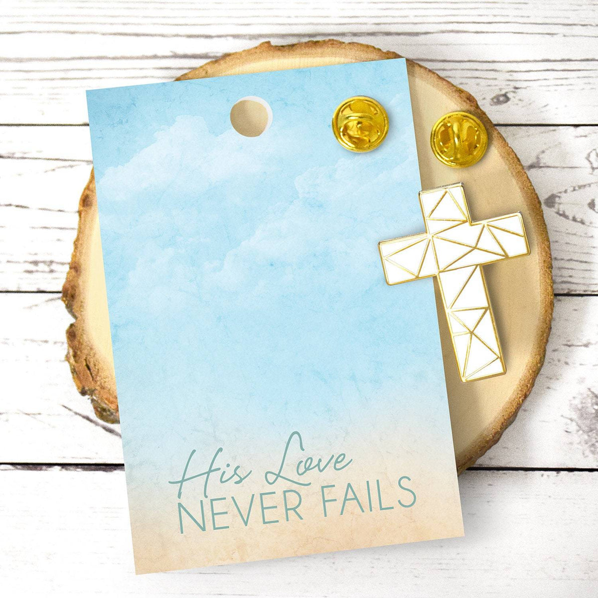 Cross Enamel Pin His Love Never Fails Christian Faith Pin Jesus friendship self love gift