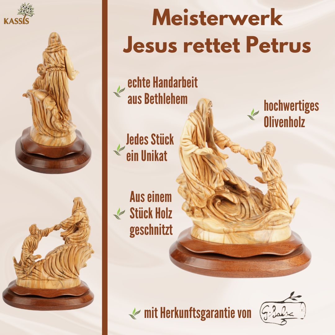 Hand-carved boat scene "Jesus calms the storm" – Exclusive olive wood sculpture from Bethlehem (36 cm)