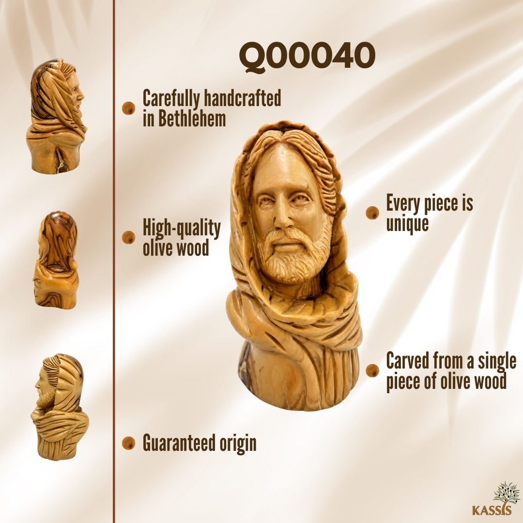 Jesus Christ Hooded Bust – Handcrafted Olive Wood Sculpture from Bethlehem